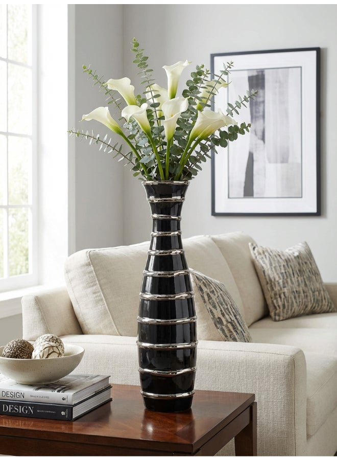 ايست من نون Ceramic Vase for Floral Decorative arrangement, Ht-44 cm | Black Silver Color | Ribbed Rays Design | Size -10.5x10.5x44 cm | Perfect for decorativing your living room, Ideal for decorating coffee table, dinning table, console table or any office or living space - Image 2